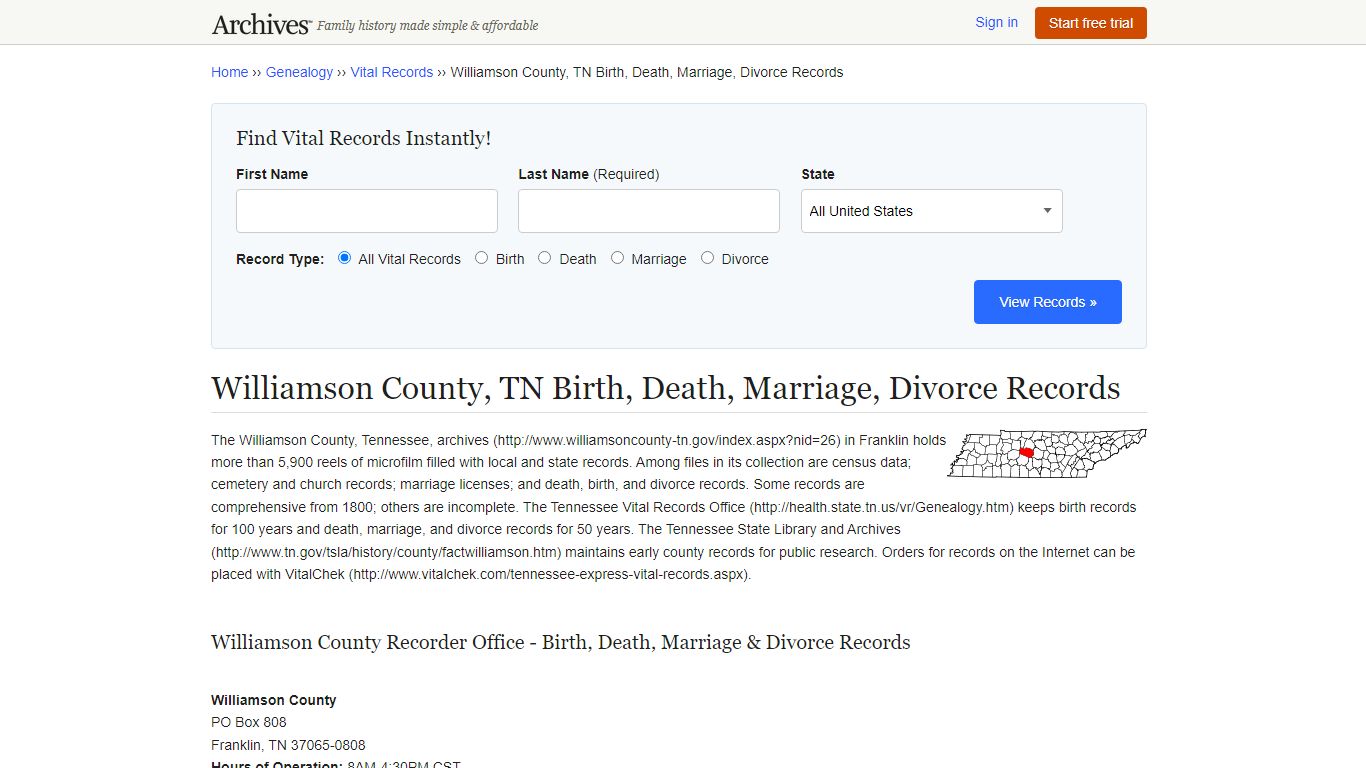 Williamson County, TN Birth, Death, Marriage, Divorce Records